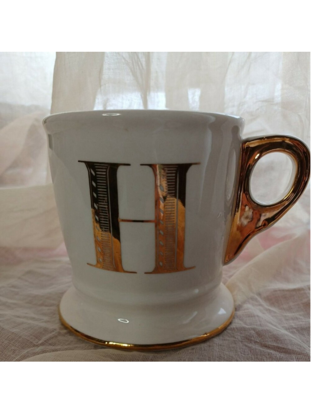 Anthropologie Monogram White Pedestal Mug “H” Gold Accents